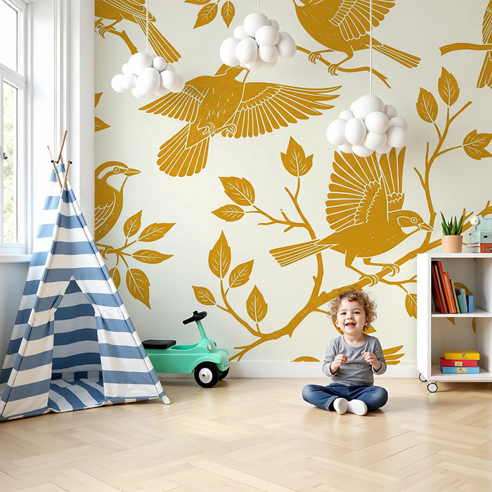Children's bedroom wallpaper | Golden birds on a light background with delicate foliage