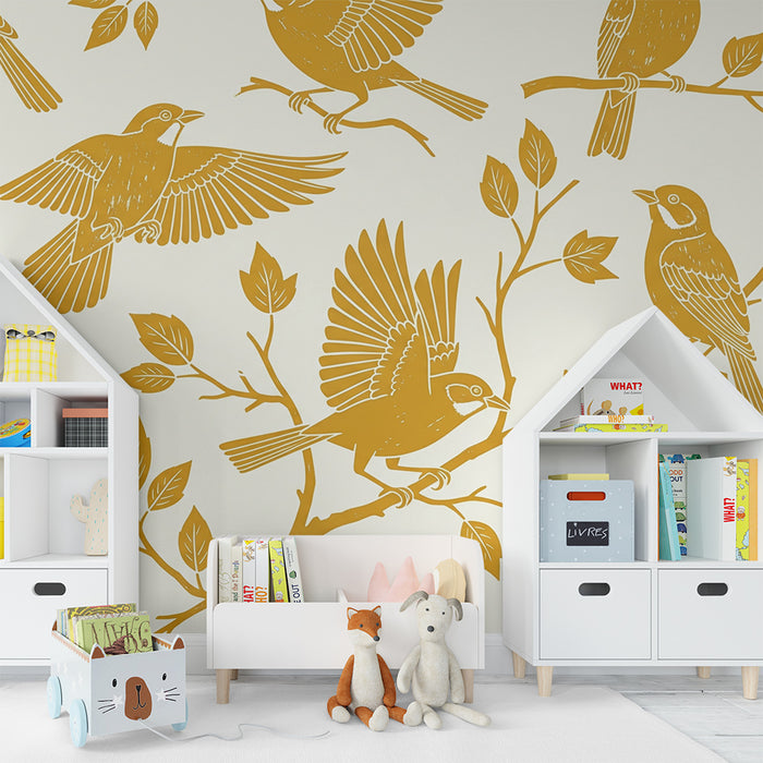 Children's bedroom wallpaper | Golden birds on a light background with delicate foliage