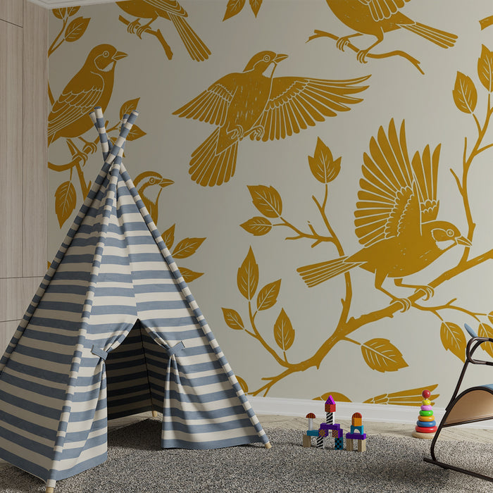 Children's bedroom wallpaper | Golden birds on a light background with delicate foliage