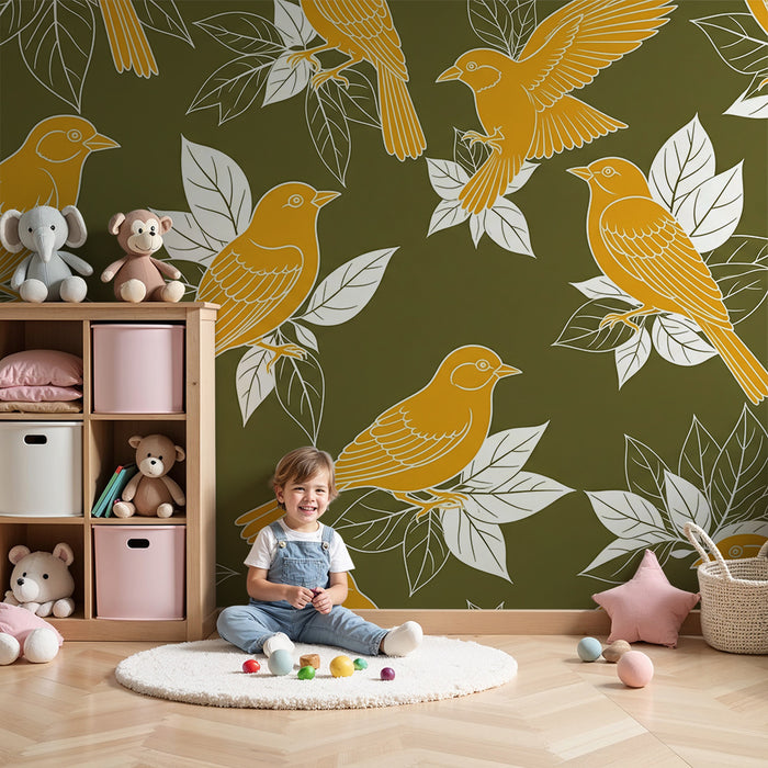 Papier peint chambre enfant | Oiseaux dorés sur fond vert avec feuillage élégant