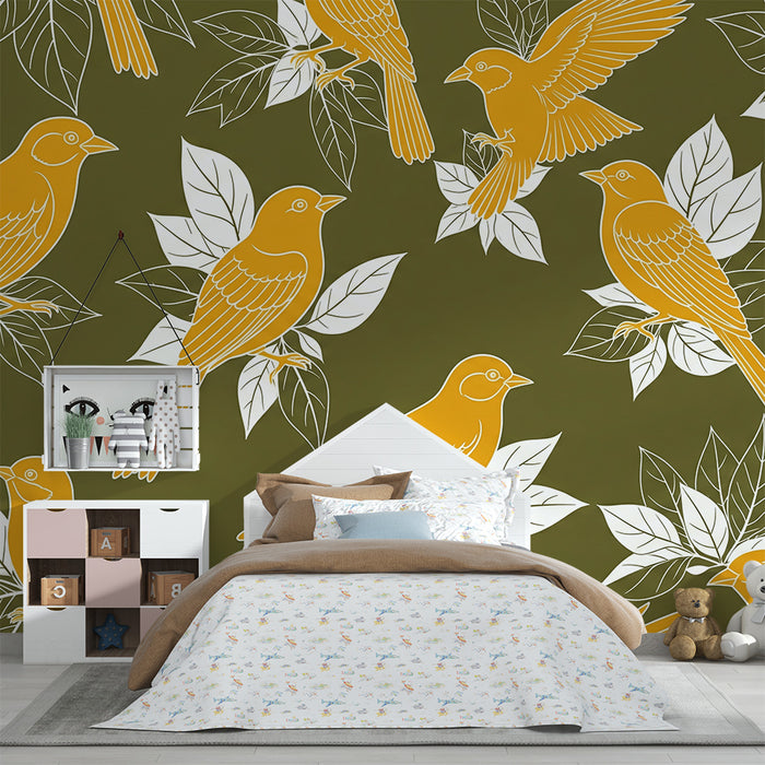 Papier peint chambre enfant | Oiseaux dorés sur fond vert avec feuillage élégant