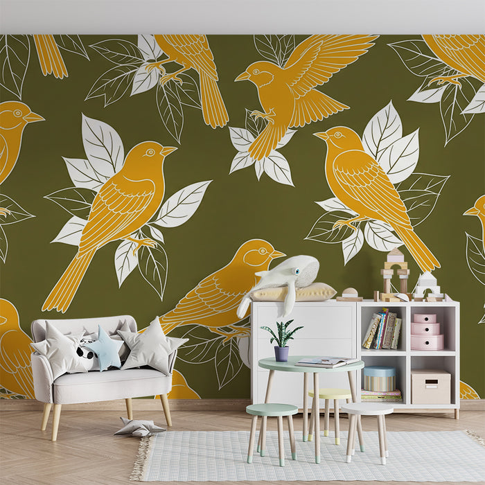 Papier peint chambre enfant | Oiseaux dorés sur fond vert avec feuillage élégant