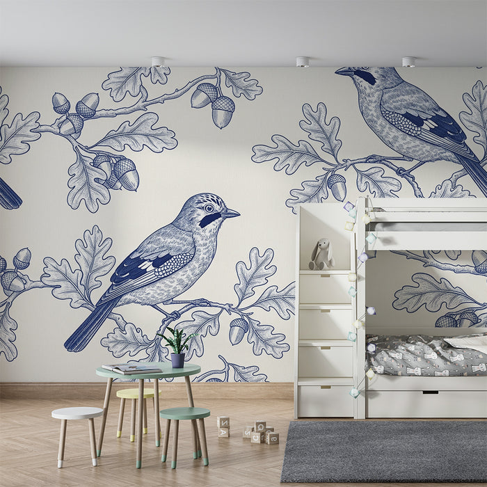 Børnetapet | Elegante fugle på egegrene med agern