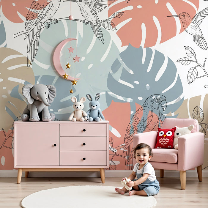 Papier peint chambre enfant | Oiseaux en line art et feuillage tropical