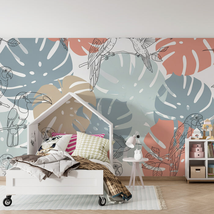 Papier peint chambre enfant | Oiseaux en line art et feuillage tropical