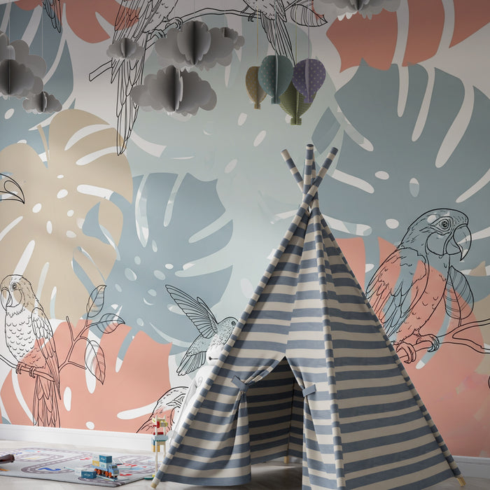 Papier peint chambre enfant | Oiseaux en line art et feuillage tropical