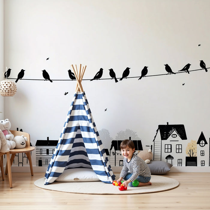 Barntapet | Fåglar i silhuett och charmiga hus