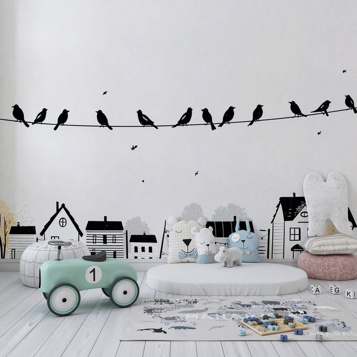 Barntapet | Fåglar i silhuett och charmiga hus