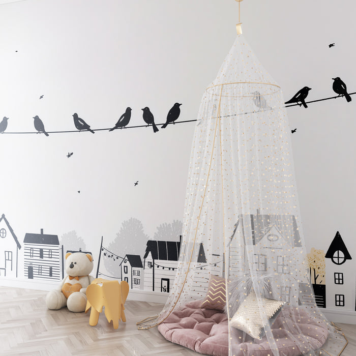 Barntapet | Fåglar i silhuett och charmiga hus