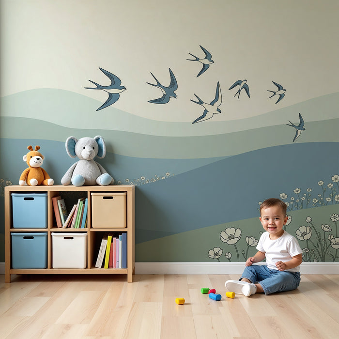 Papier peint chambre enfant | Oiseaux en vol au-dessus de collines fleuries