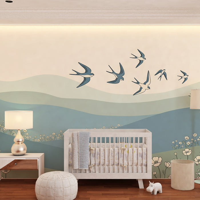 Papier peint chambre enfant | Oiseaux en vol au-dessus de collines fleuries
