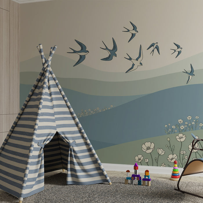 Papier peint chambre enfant | Oiseaux en vol au-dessus de collines fleuries