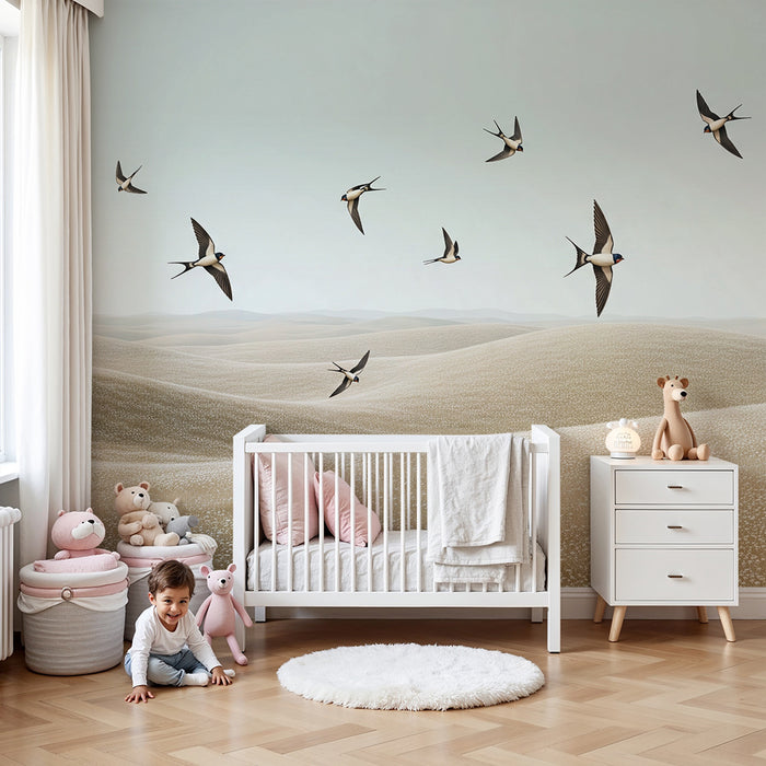 Papier peint chambre enfant | Oiseaux en vol au-dessus de dunes dorées