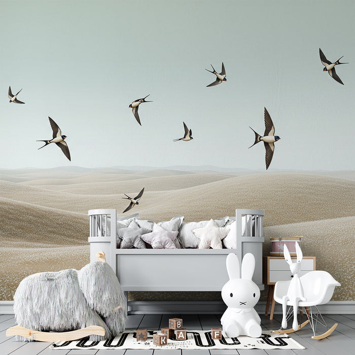 Papier peint chambre enfant | Oiseaux en vol au-dessus de dunes dorées