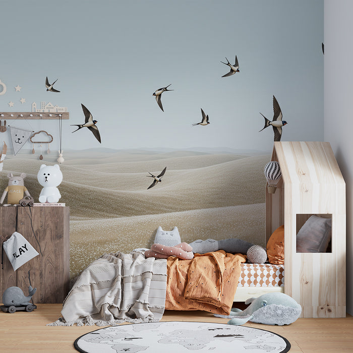 Papier peint chambre enfant | Oiseaux en vol au-dessus de dunes dorées