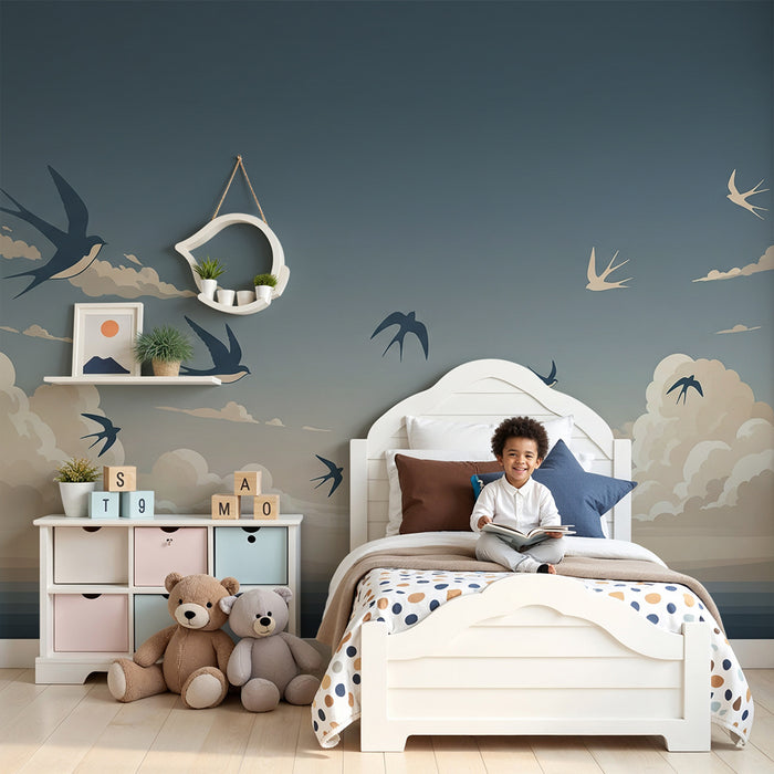 Papier peint chambre enfant | Oiseaux en vol au-dessus des nuages