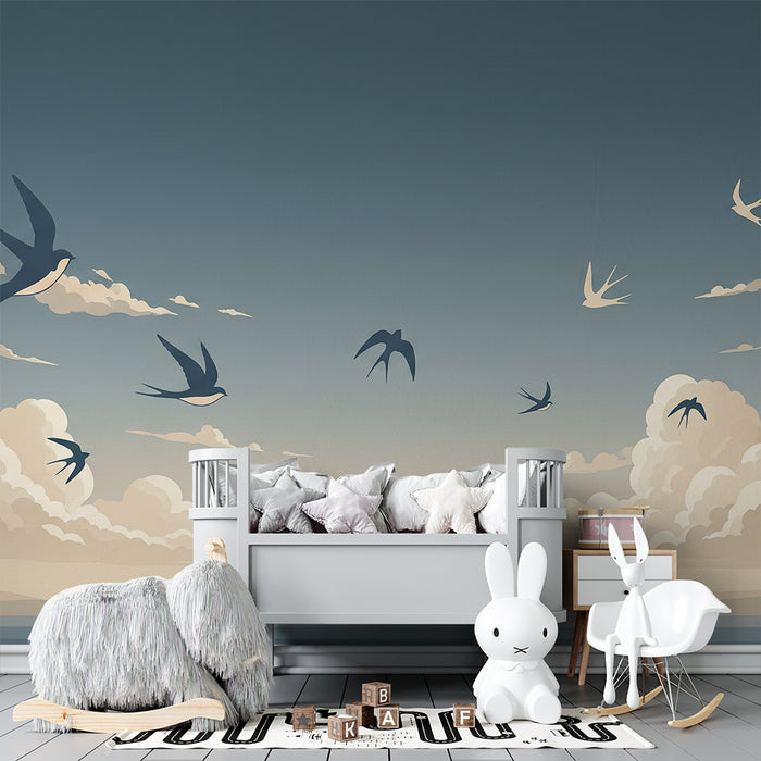 Papier peint chambre enfant | Oiseaux en vol au-dessus des nuages