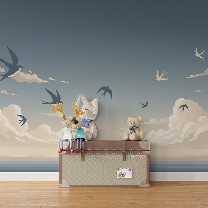 Papier peint chambre enfant | Oiseaux en vol au-dessus des nuages