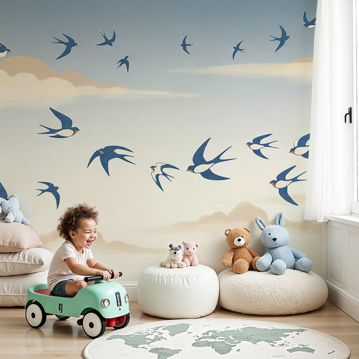 Papier peint chambre enfant | Oiseaux en vol dans un ciel apaisant