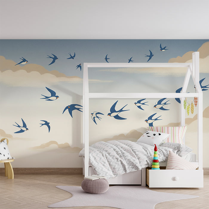 Papier peint chambre enfant | Oiseaux en vol dans un ciel apaisant