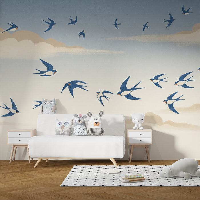 Papier peint chambre enfant | Oiseaux en vol dans un ciel apaisant