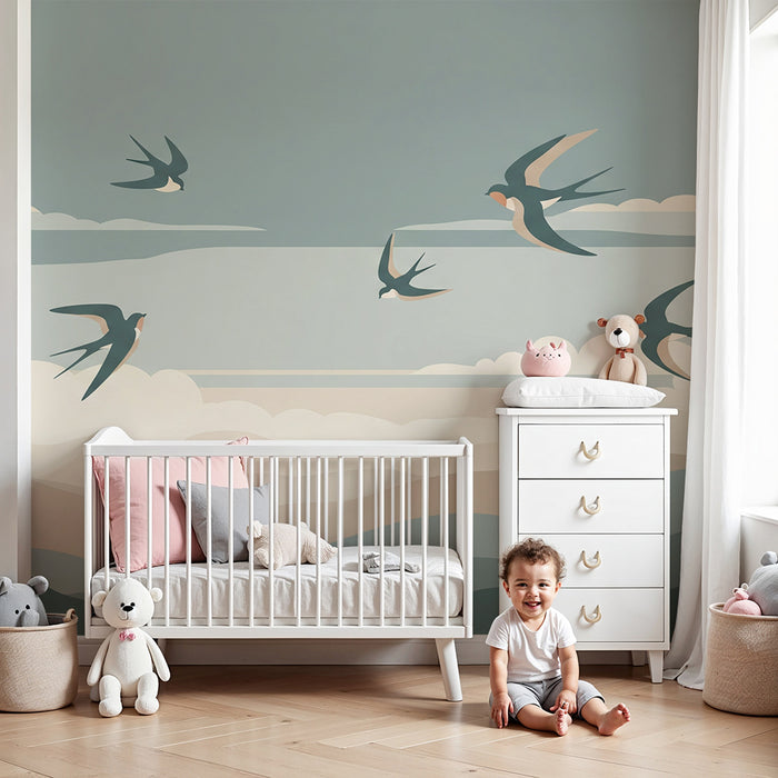 Papier peint chambre enfant | Oiseaux en vol dans un ciel pastel