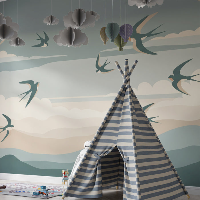 Papier peint chambre enfant | Oiseaux en vol dans un ciel pastel