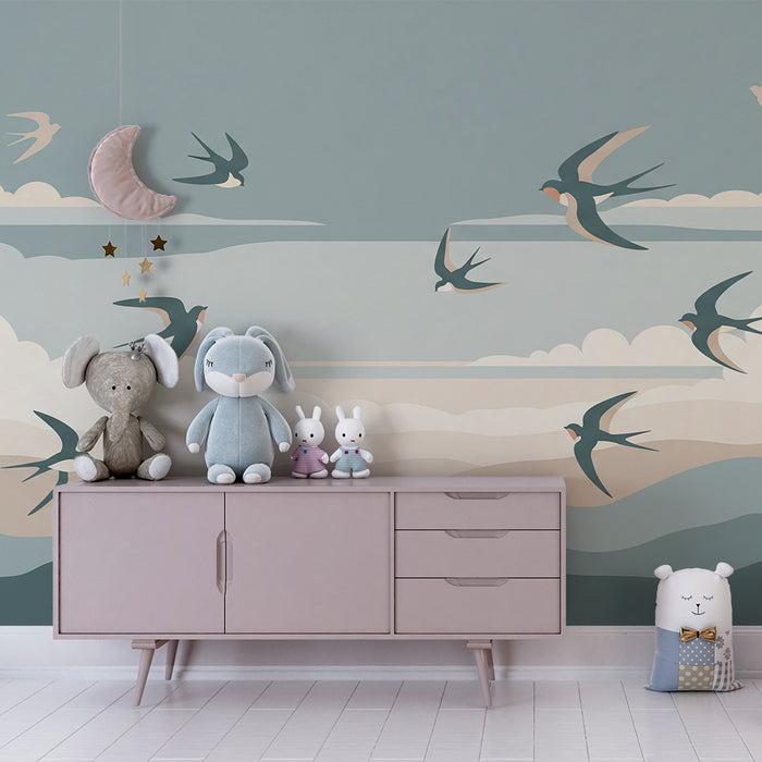 Papier peint chambre enfant | Oiseaux en vol dans un ciel pastel