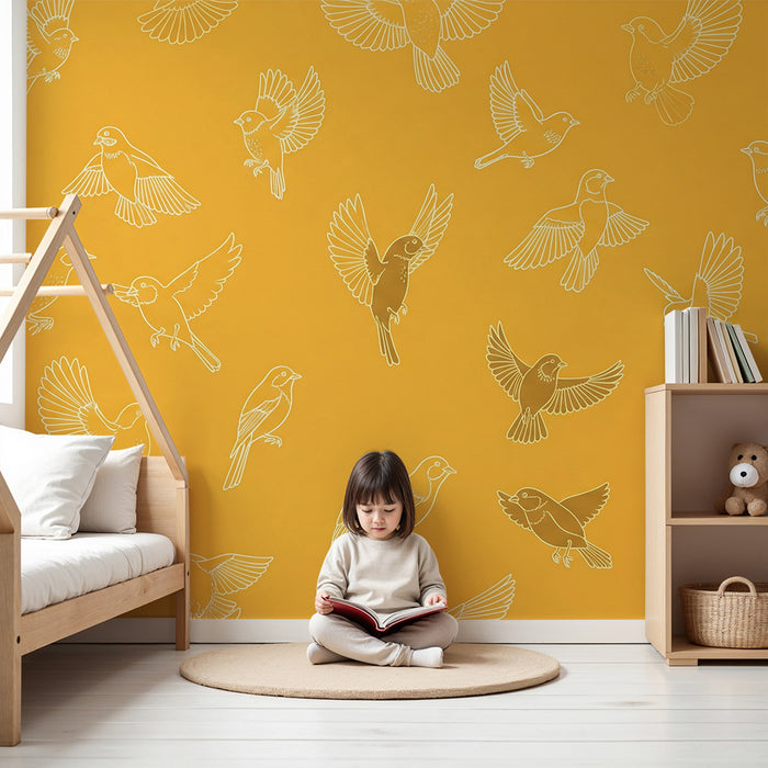 Papier peint chambre enfant | Oiseaux en vol sur fond jaune éclatant