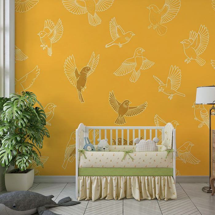 Papier peint chambre enfant | Oiseaux en vol sur fond jaune éclatant