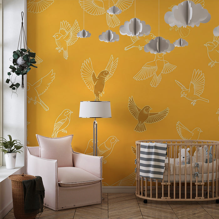 Papier peint chambre enfant | Oiseaux en vol sur fond jaune éclatant