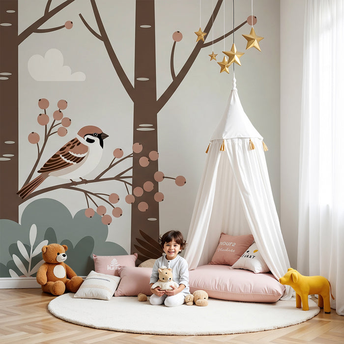 Papel pintado infantil | Pájaros y árboles en un ambiente suave y natural