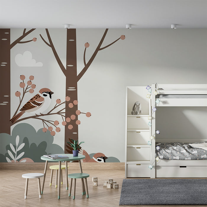 Papel pintado infantil | Pájaros y árboles en un ambiente suave y natural