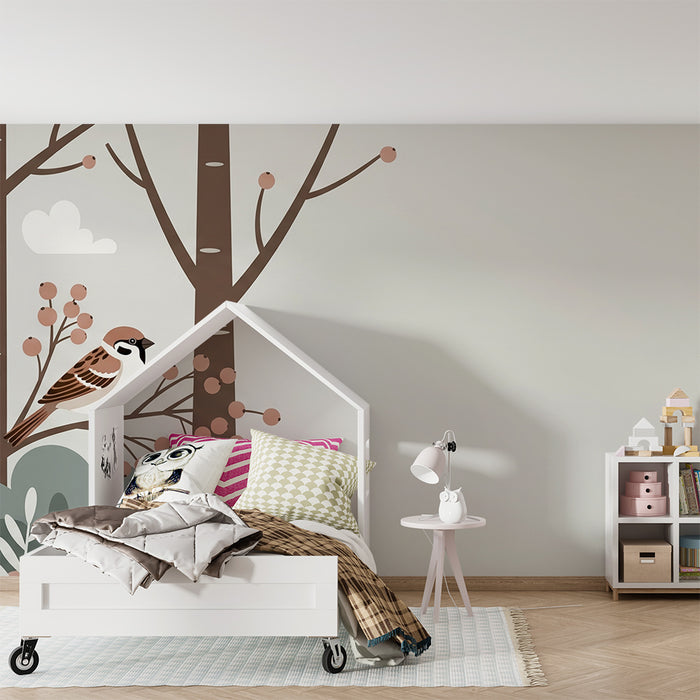 Papel pintado infantil | Pájaros y árboles en un ambiente suave y natural
