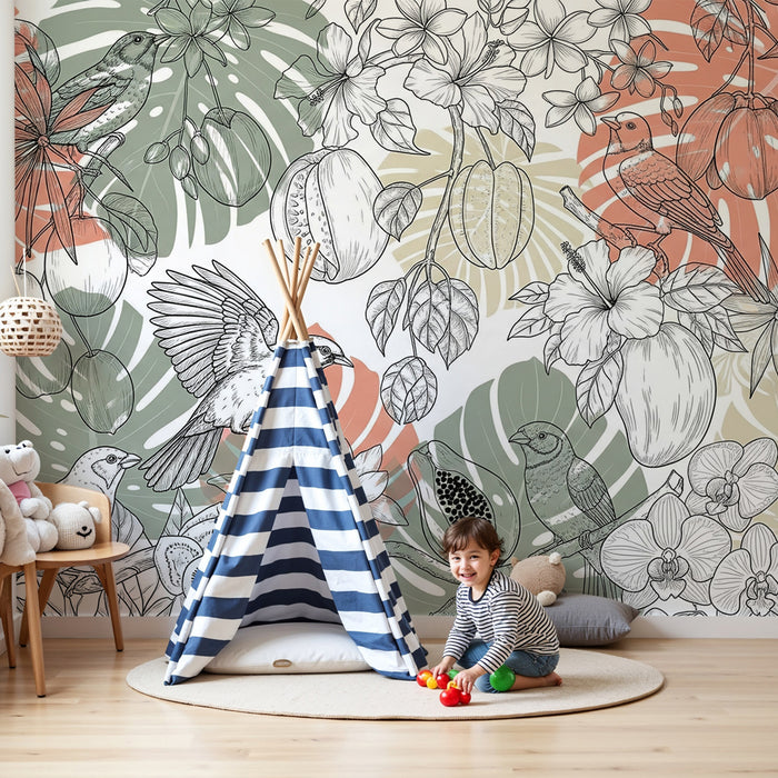 Papier peint chambre enfant | Oiseaux et botanique exubérante