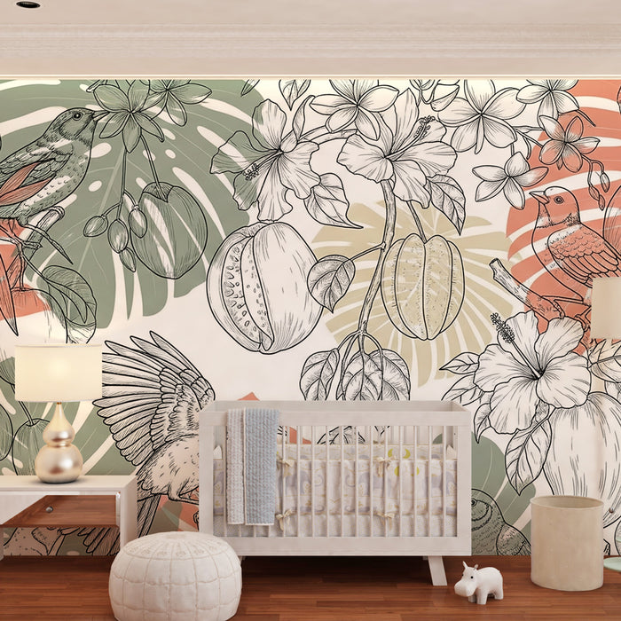 Papier peint chambre enfant | Oiseaux et botanique exubérante