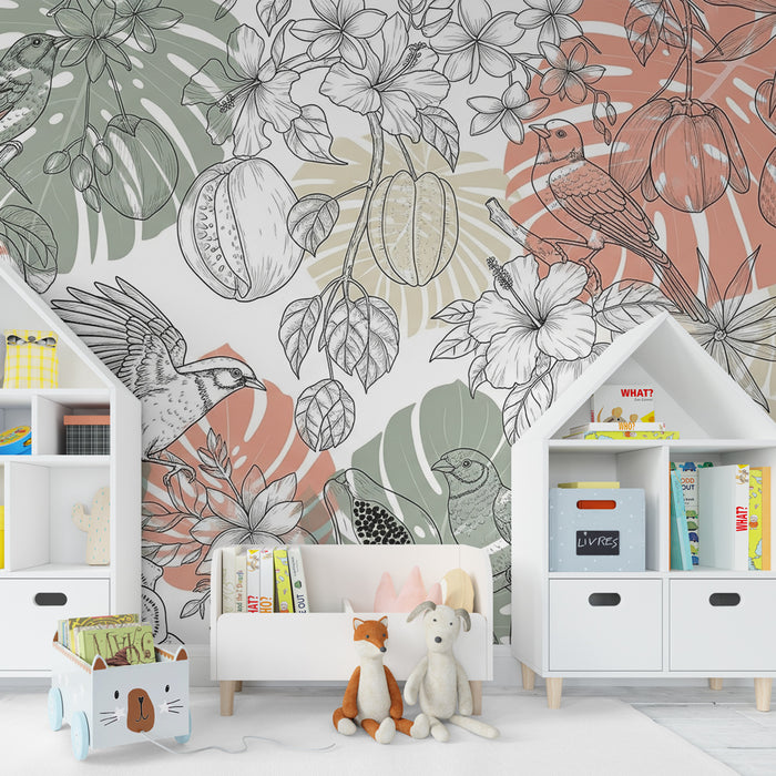 Papier peint chambre enfant | Oiseaux et botanique exubérante