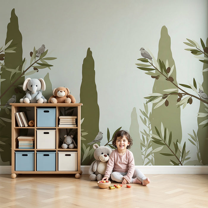 Behang voor kinderkamer | Vogels en bladeren in een rustgevend landschap