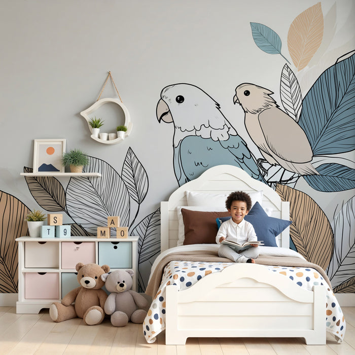 Papier peint chambre enfant | Oiseaux et feuillage délicat