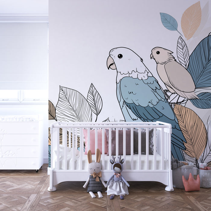 Papier peint chambre enfant | Oiseaux et feuillage délicat