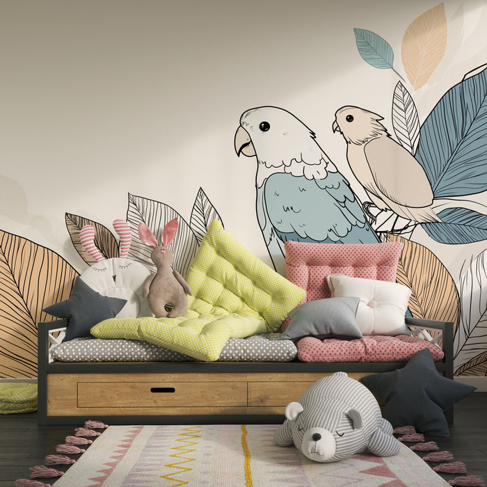 Papier peint chambre enfant | Oiseaux et feuillage délicat