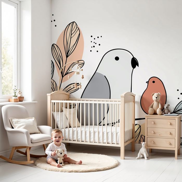 Papier peint chambre enfant | Oiseaux et feuilles délicates
