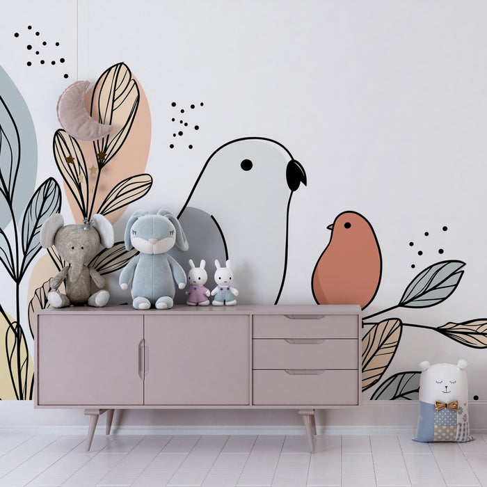 Papier peint chambre enfant | Oiseaux et feuilles délicates