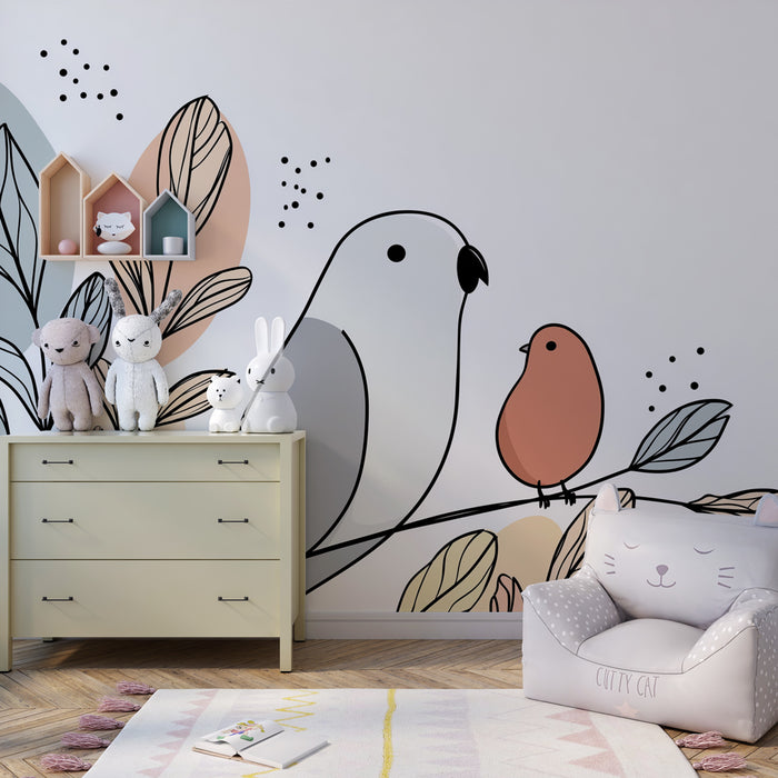 Papier peint chambre enfant | Oiseaux et feuilles délicates