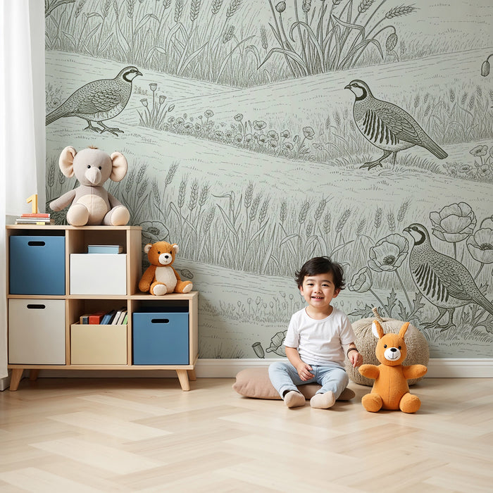 Kinderzimmer Tapete | Vögel und Feldblumen im Toile-de-Jouy-Stil