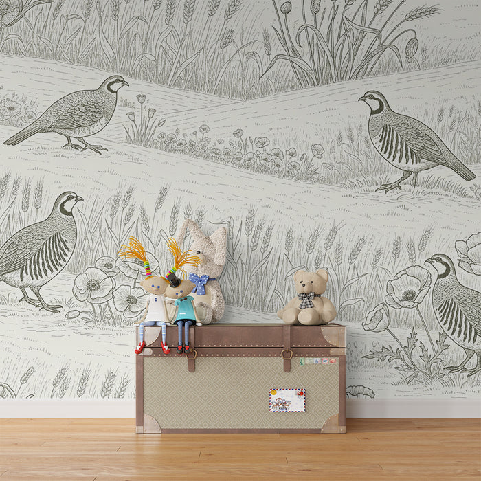 Kinderzimmer Tapete | Vögel und Feldblumen im Toile-de-Jouy-Stil