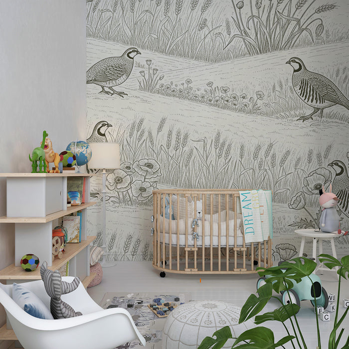 Kinderzimmer Tapete | Vögel und Feldblumen im Toile-de-Jouy-Stil