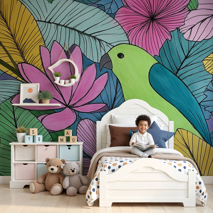 Papier peint chambre enfant | Oiseaux exotiques et feuillage coloré