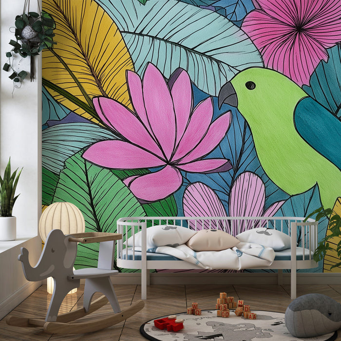 Papier peint chambre enfant | Oiseaux exotiques et feuillage coloré
