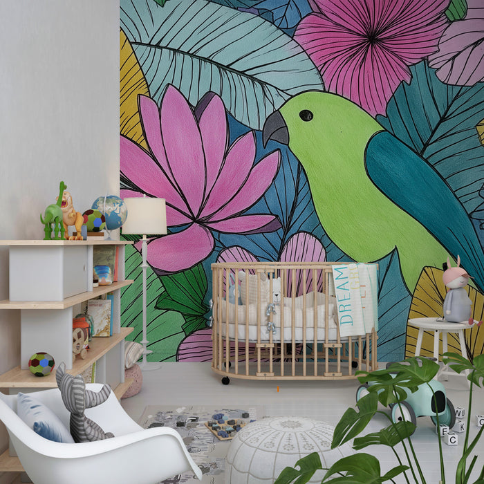 Papier peint chambre enfant | Oiseaux exotiques et feuillage coloré